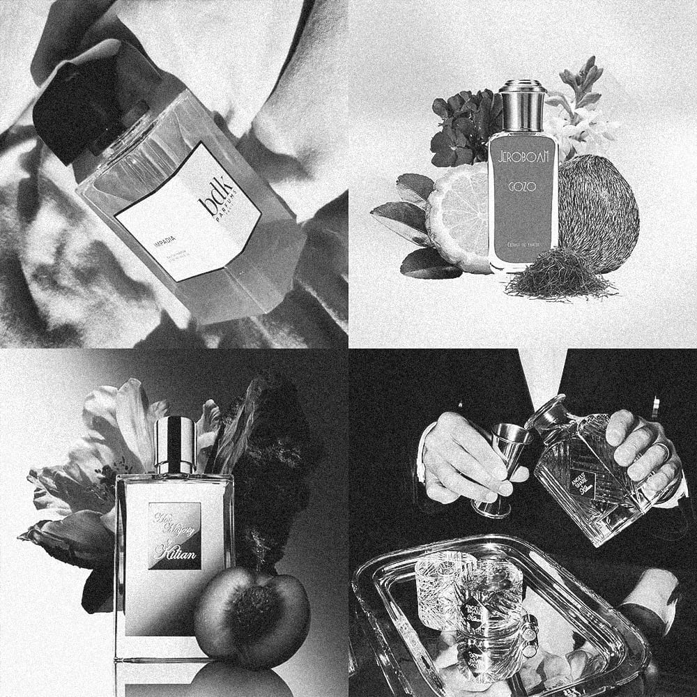 Collage de perfumes nicho icónicos con sus notas principales en guía de los mejores perfumes exclusivos