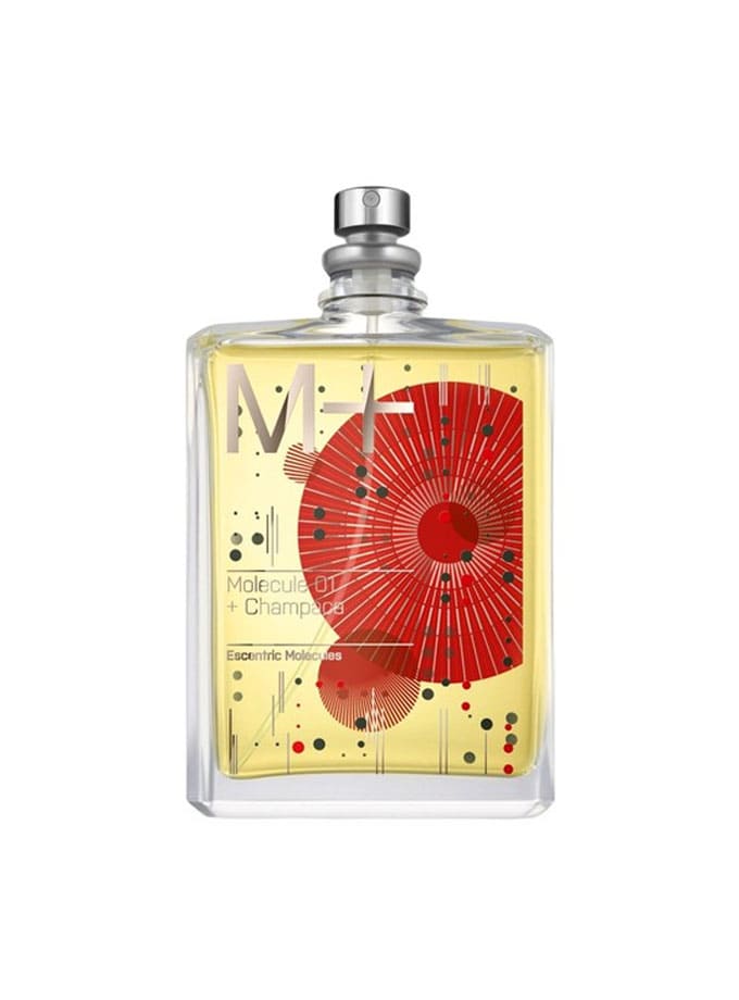 Molecule 01 + Champaca by Escentric Molecules in a clear bottle with a red graphic