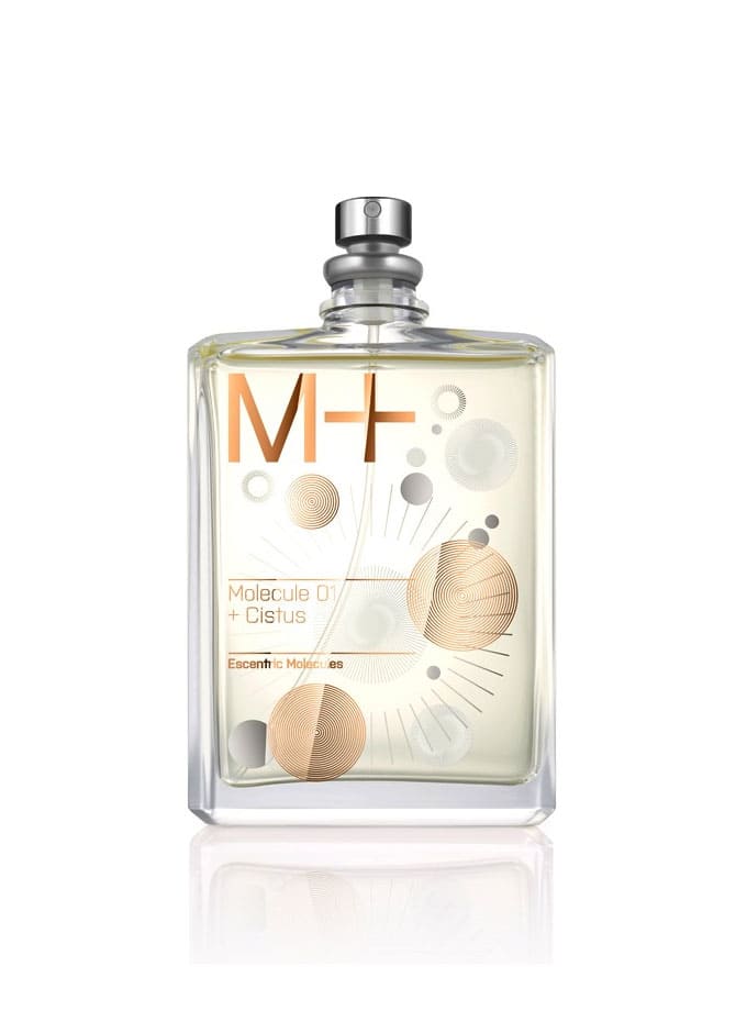 Molecule 01 + Cistus by Escentric Molecules in a clear bottle with gold graphics
