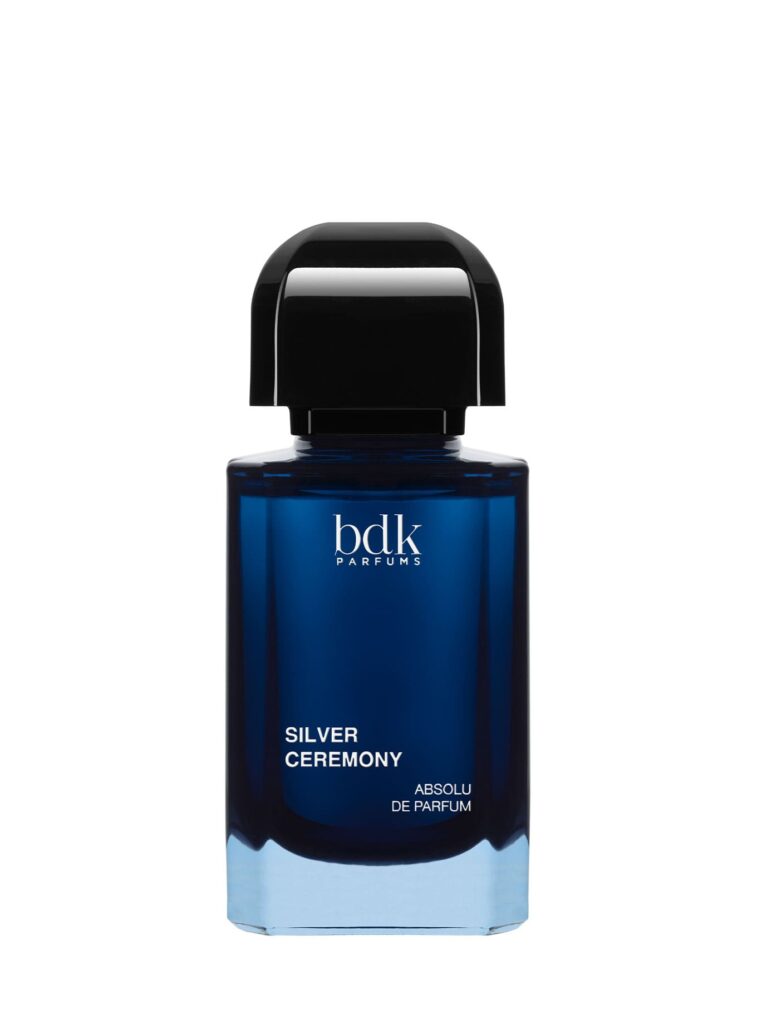 Perfume Silver Ceremony de BDK Parfums 50 ml, absolu de parfum en frasco azul intenso con diseño minimalista.