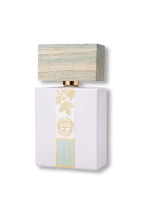 Perfume Ricordami de Giardini di Toscana 100 ml, fragancia de autor en frasco blanco con tapón efecto madera y etiqueta azul pastel.