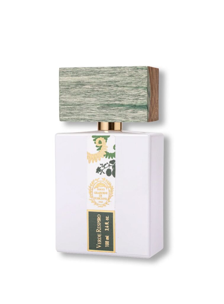 Perfume Verde Respiro de Giardini di Toscana 100 ml, fragancia nicho en frasco blanco con tapón efecto madera y detalles verdes.