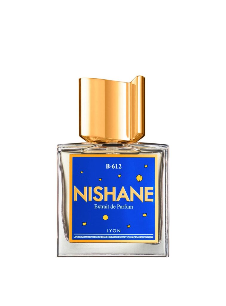 Perfume Nishane B-612 Extrait de Parfum, fragancia aromática amaderada de nicho con frasco azul y tapón dorado.