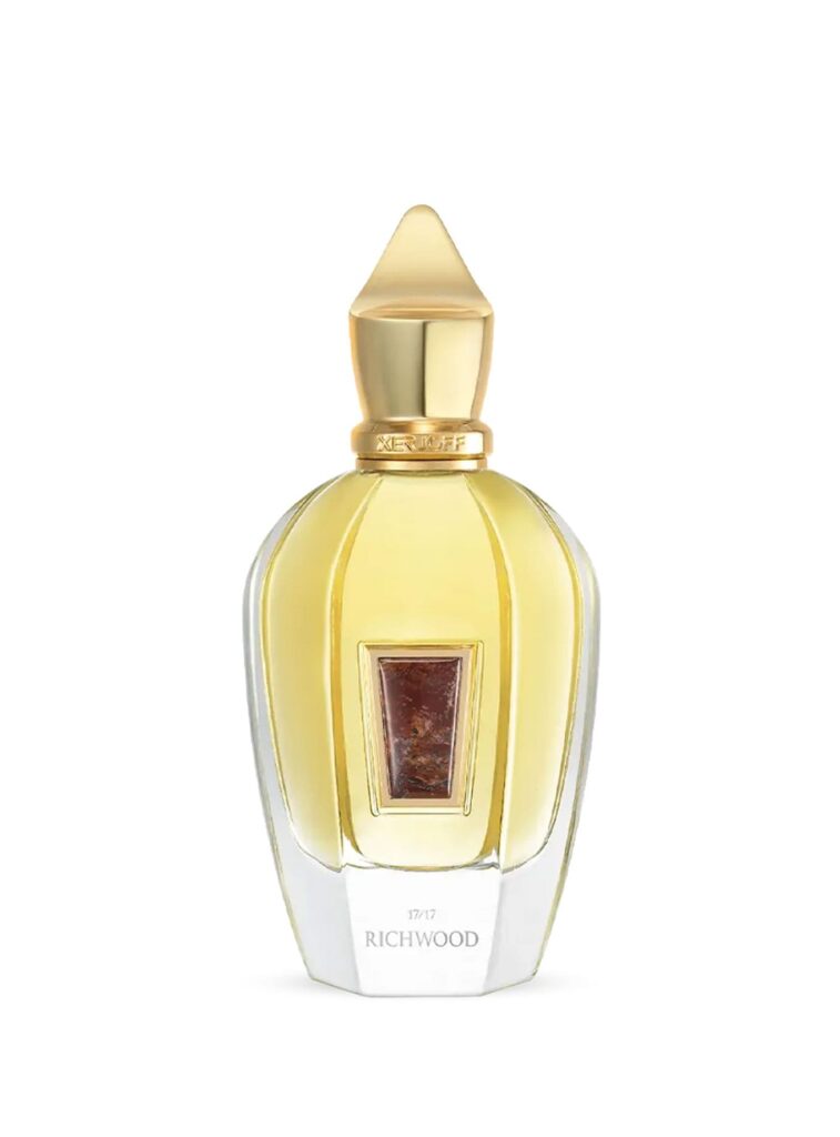 Perfume Xerjoff Richwood 100 ml, fragancia amaderada exclusiva con frasco dorado y detalle mineral.