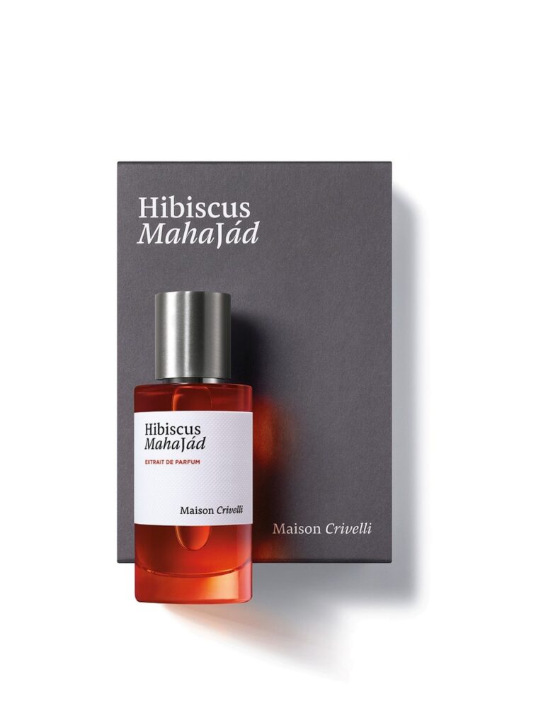Frasco de Hibiscus Mahajád Extrait de Parfum 50 ml de Maison Crivelli junto a su estuche