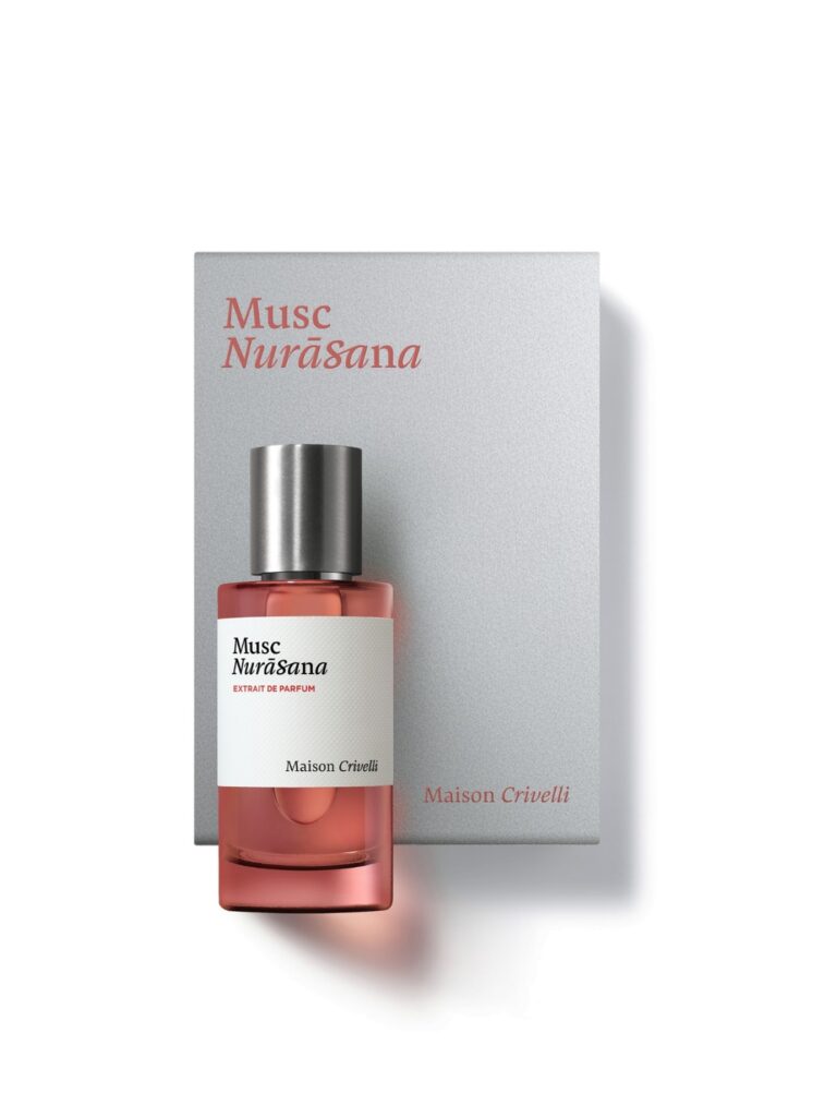 Frasco de Musc Nurāsana Extrait de Parfum 50 ml de Maison Crivelli junto a su estuche