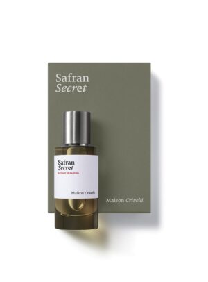 Frasco de Safran Secret Extrait de Parfum 50 ml de Maison Crivelli junto a su estuche