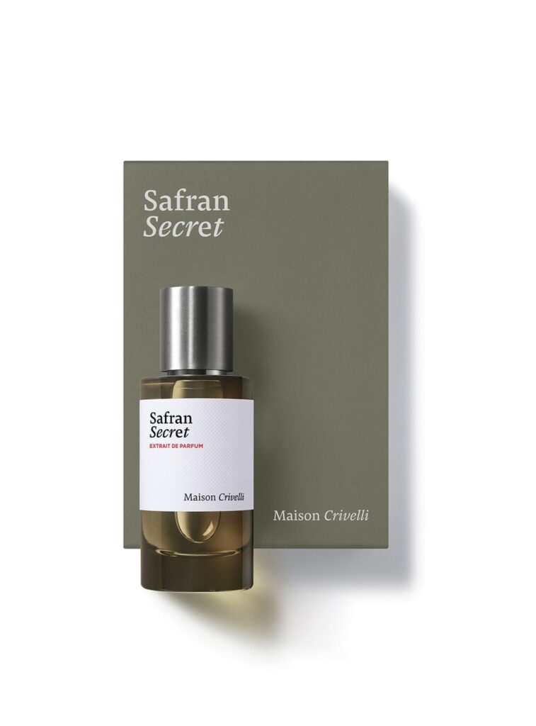 Frasco de Safran Secret Extrait de Parfum 50 ml de Maison Crivelli junto a su estuche