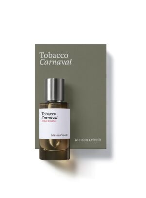 Frasco de Tobacco Carnaval Extrait de Parfum 50 ml de Maison Crivelli junto a su estuche
