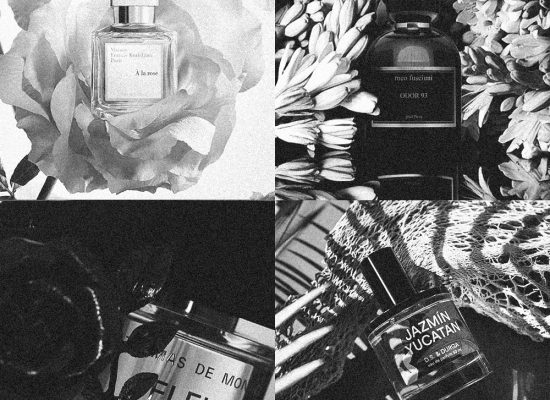 Collage of niche perfumes surrounded by flowers and natural textures, evoking floral fragrances such as rose, jasmine and orange blossom.